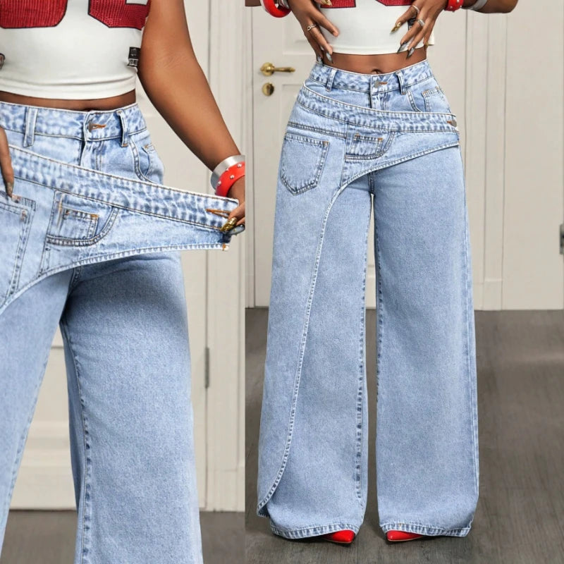 Denim Pant Women Jeans Vintage Wide Leg Long Pants High Waist Straight Trousers Y2k Streetwear Elegant Splice Work Casual Loose