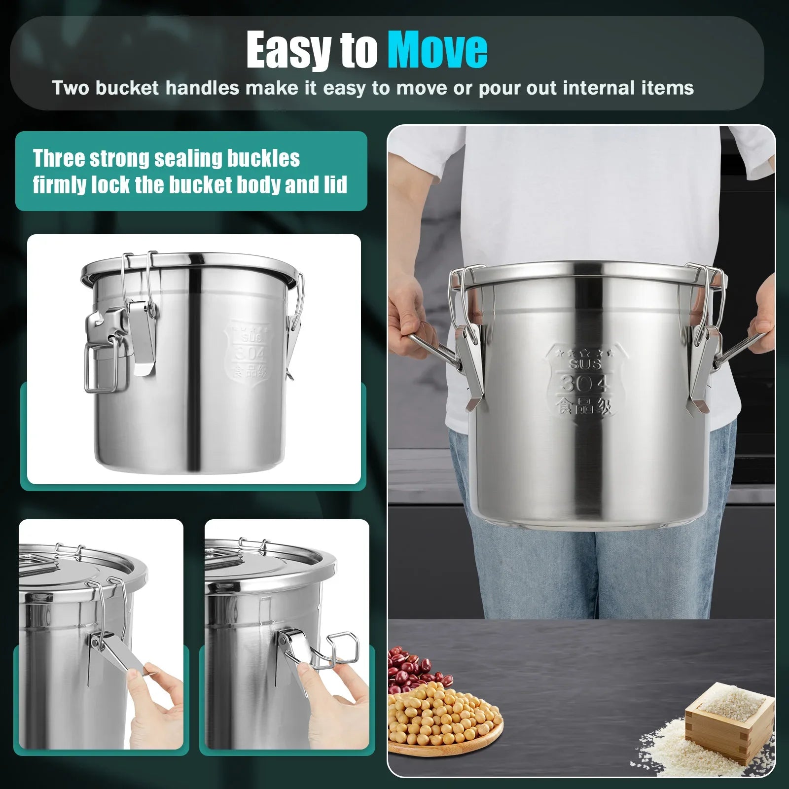 12/33L Airtight Canister 304 Stainless Steel, 3.2Gal Canisters Container w/Lids and Sturdy Locking Clamp,for Rice, Flour, Grain
