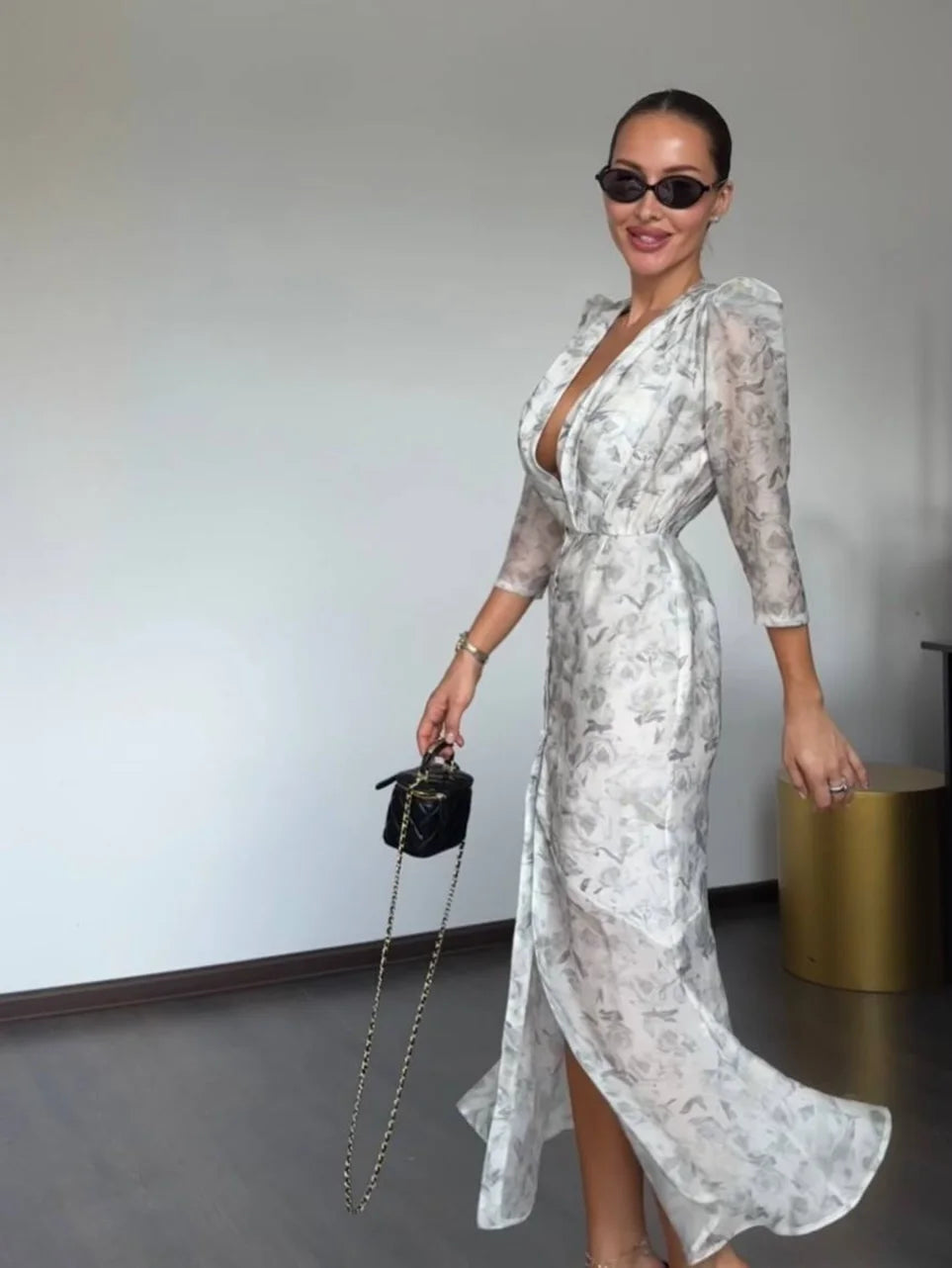 Fashion Printed Deep V Neck Women Slim Dresses Chic Long Sleeve High Waist Dress Summer New Beach Party Lady High Split Vestidos