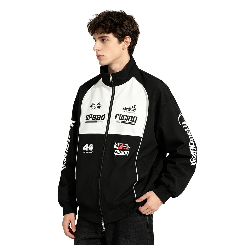 Men Racing Jacket Black White Color-block Stand Collar Zip-up Loose Windbreaker Speed Print Casual Streetwear Jacket Coat