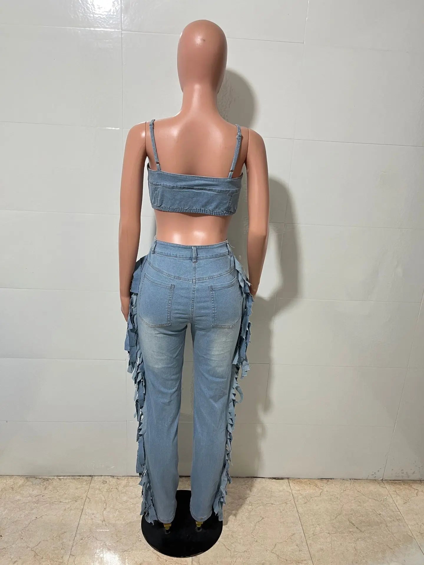 Streetwear Tassel Jeans Stretch Jumpsuit Sexy Women Spaghetti Strap Elegant Hollow Out Denim Pencil Overalls Romper