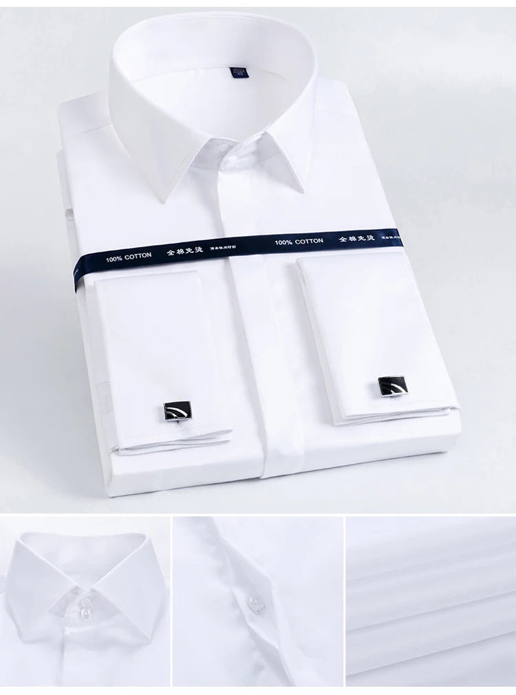 Men's 100% Cotton Iron-Free French Cuff Shirt Front Hidden Buttons Removable Collar Stays Formal Business Long Sleeve Shirts
