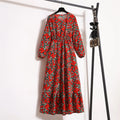 ITOOLIN Woman Round Neck Long Sleeved Shirt Flounce Floral High Waisted A-line Dress Vintage Printed Elastic Long Dress