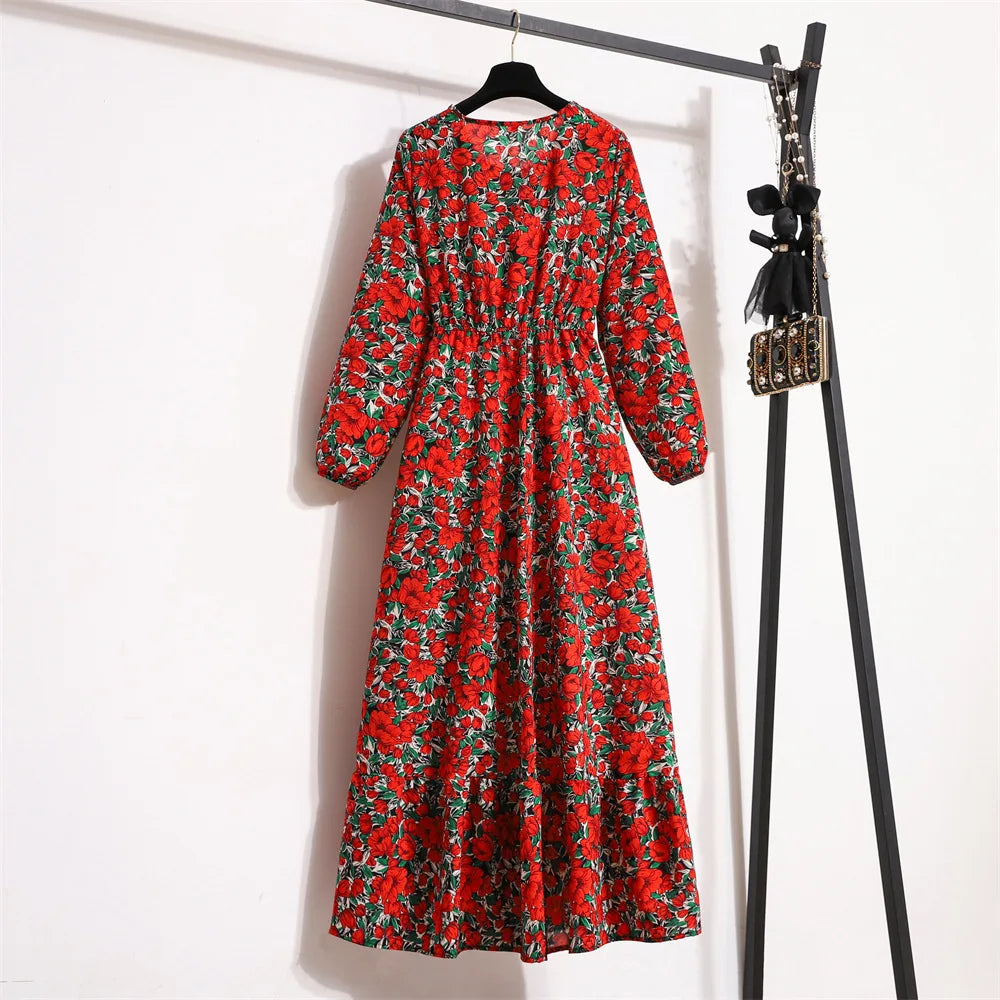 ITOOLIN Woman Round Neck Long Sleeved Shirt Flounce Floral High Waisted A-line Dress Vintage Printed Elastic Long Dress