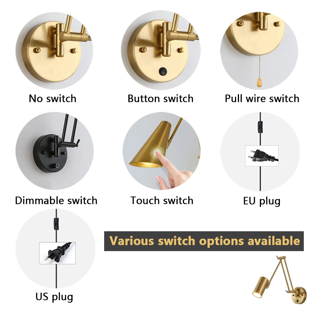 LED American Wall Lamp Folding Swing Arm US EU Plug Switch Fabric Bedroom Bedside Living Room Study Stairway Aisle Plug Light