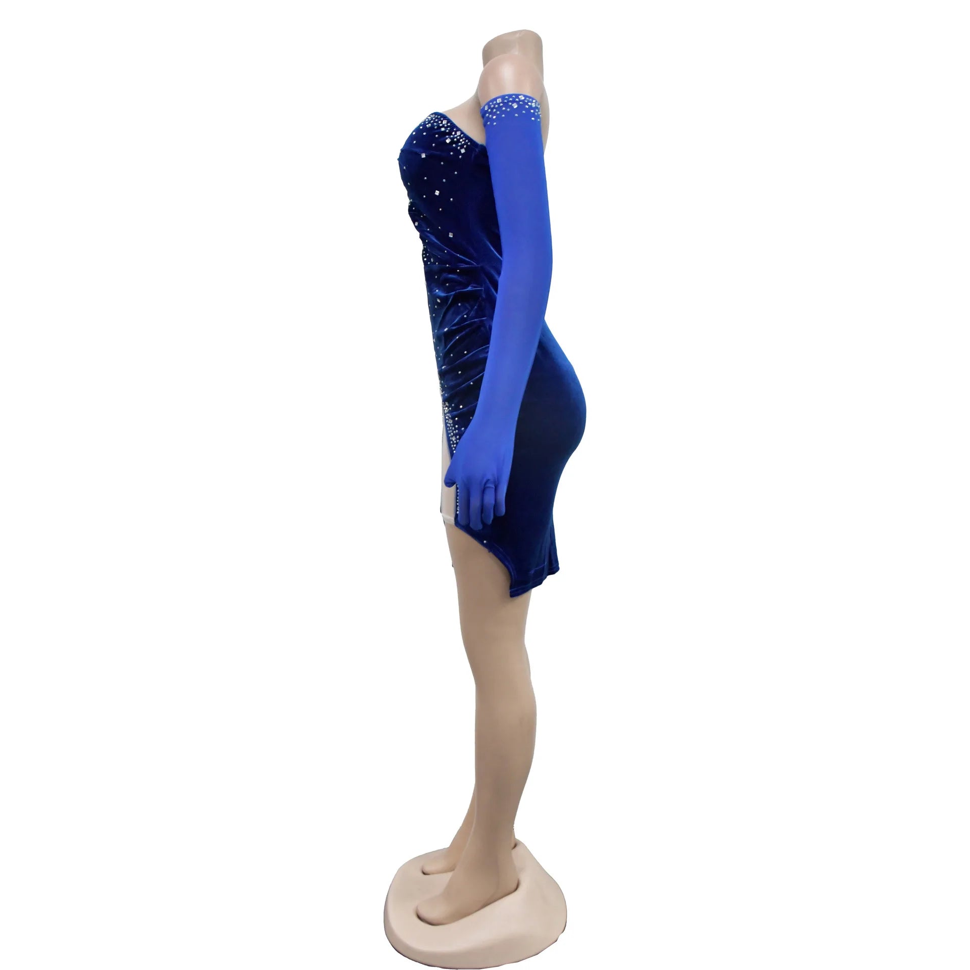 Women Diamonds Hot Rhinestones Velvet Ruched Side Split Bodycon Midi Dress with Cuff 2026 Sexy Party Dresses Vestidos