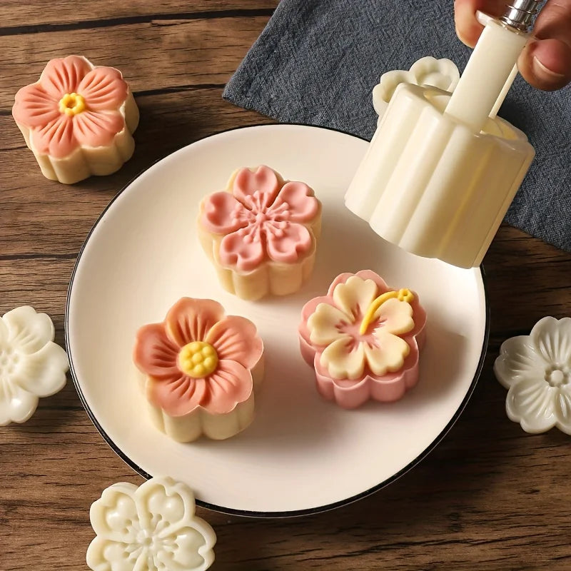 Mooncake Press Molds,Mid Autumn FestivalMooncake Mold Set 50g Flower Moon Cake Mold with4Pcs Stamps