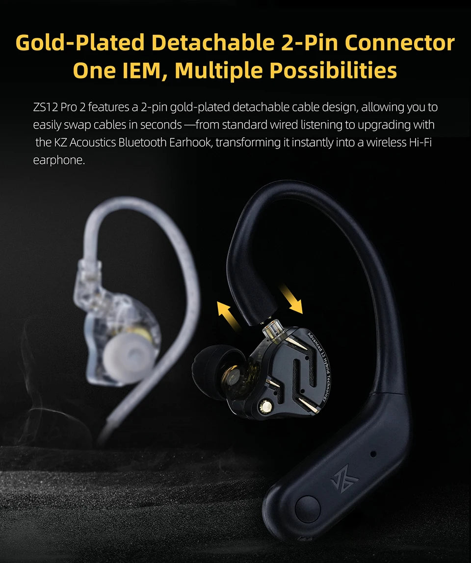 KZ ZS12 PRO 2 1DD + 5BA Hybrid HiFi In Ear Earphones Improved Bass Monitor Headphones Detachable Wire Earbuds Gaming Headest