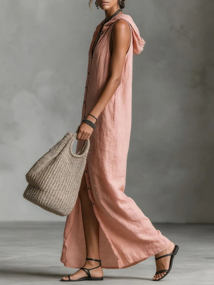 Elegant Cotton Linen Hooded Dress Women Loose V Neck Single Breasted Sleeveless Vestido Female Spring Summer Casual Lady Dresses
