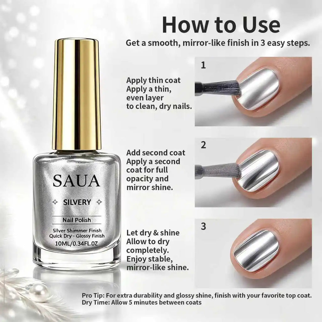 Silver Metallic Nail Polish—Quick-Drying, No UV Lamp Required, Mirror-Like Finish; the Perfect Choice for a Holiday Gift.