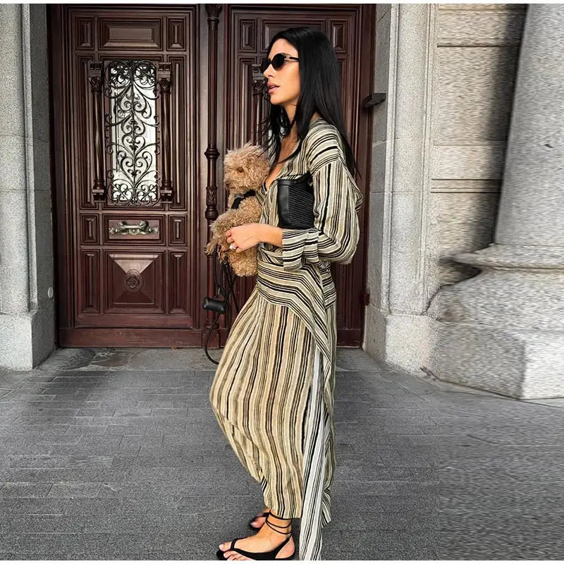 Multicolor Striped Shirt 2 Picec Set Button Front Blouse High Waist Flared Hem Maxi Skirt 2026 Summer Elegant Lady Vacation Suit