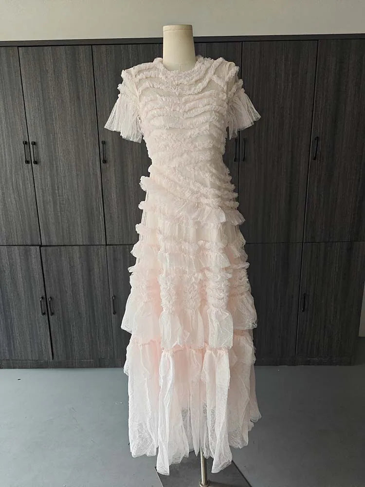 Eshin Elegant Midi Dress Short Sleeve Summer Spring New Fashion Design Women Runway Mesh Ruffles V-Neck Party High Street TH6731