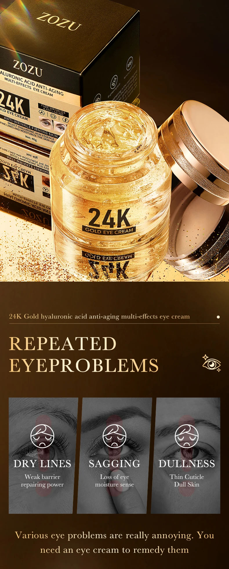 24K hyaluronic acid eye cream, nourishing, improving dark circles and eye wrinkles, anti-aging eye cream essence