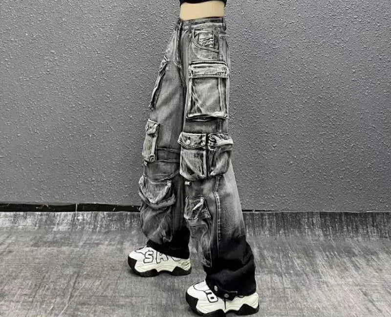 Jeans Women Denim Distressed Multi Pocket Y2k Streetwear Cargo Pants Casual High Waist Zipper Fly Winter Gradient Mom Jeans