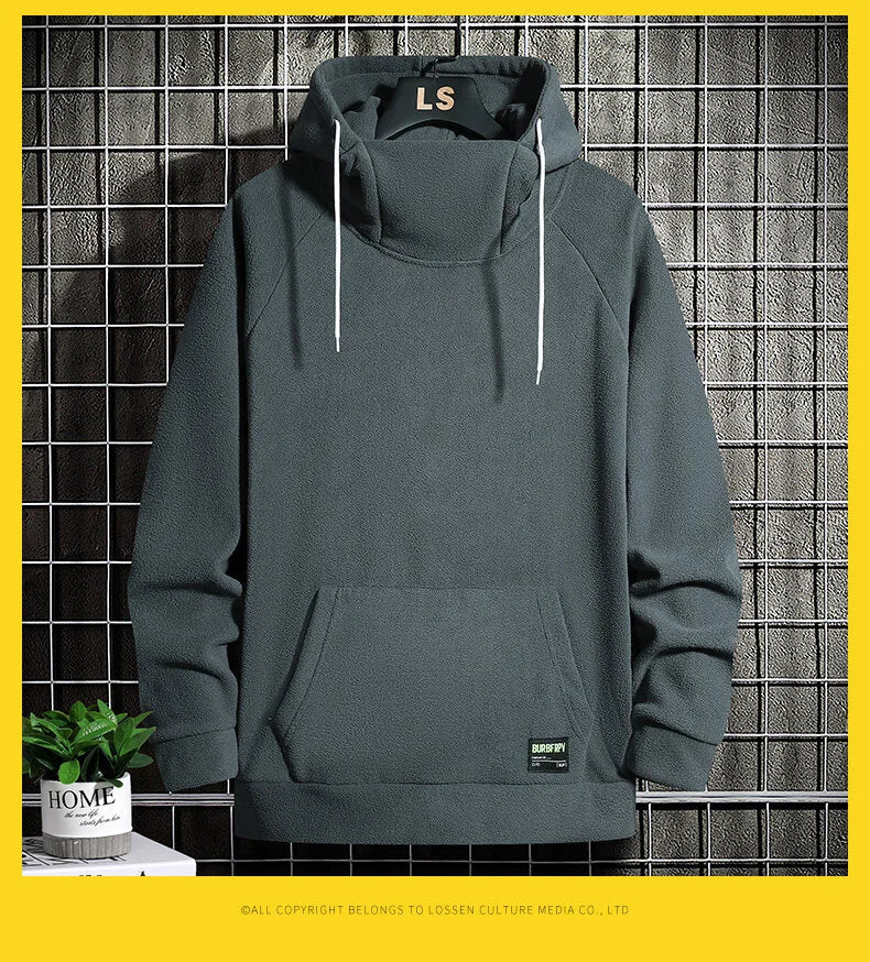 Men's Polar Fleece Sweatshirt Solid Color Street Style Autumn Winter Men Hood Sports Windproof Oversized High Collar Hoodie 5XL