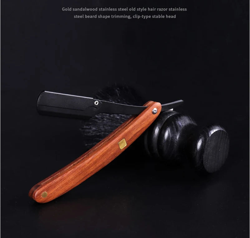 wooden trimmer manual shaver professional straight edge stainless steel sharp barber razor folding shaving blade shave beard cut