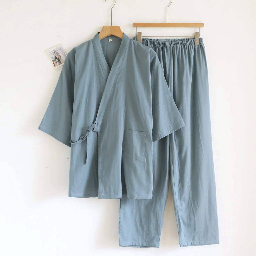 Kimono Robes Pajamas Set for Spring Autumn and Summer Thin Men's Cotton Loose Fit Large Size Half Sleeve Sleepwear Set