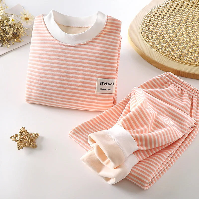 Children's Home Clothing, Autumn and Winter Warm Clothes, Girls' Long Sleeved Top with Plush Bottom, Boys' Top and Pants Set