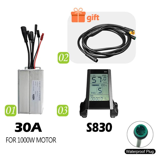 Electric Bike 30A Brushless Controller with SM Plug for 1000W Motor with LCD Display Panel S800 S830 E-scooter Meter Control UKC