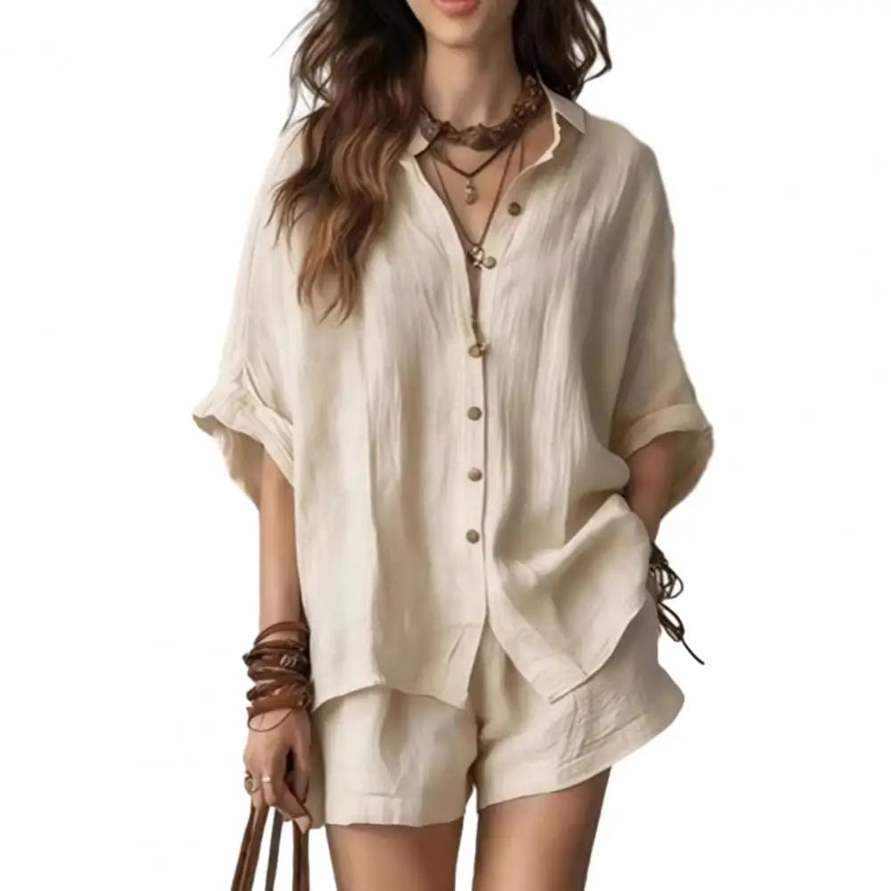 Fashion Loose Print 2 Piece Sets Women Outfit 2026 Casual Short Sleeve Shirt With High Waist Shorts Set Female Homewear