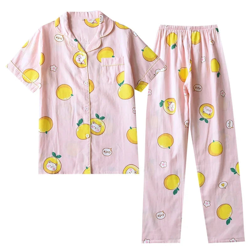 2026 Japanese new spring and summer short-sleeved trousers pajamas 2-piece set 100% cotton gauze flower cartoon home service set