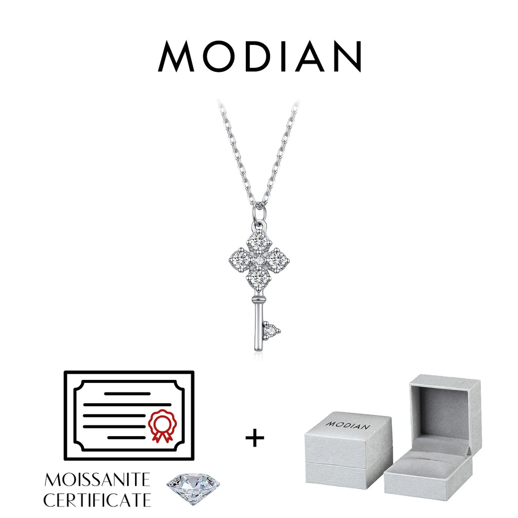 MODIAN D Color Moissanite Four Leaf Clover Key Pendant Necklace 925 Sterling Silver Lab Diamond Chain Fine Jewelry For Women