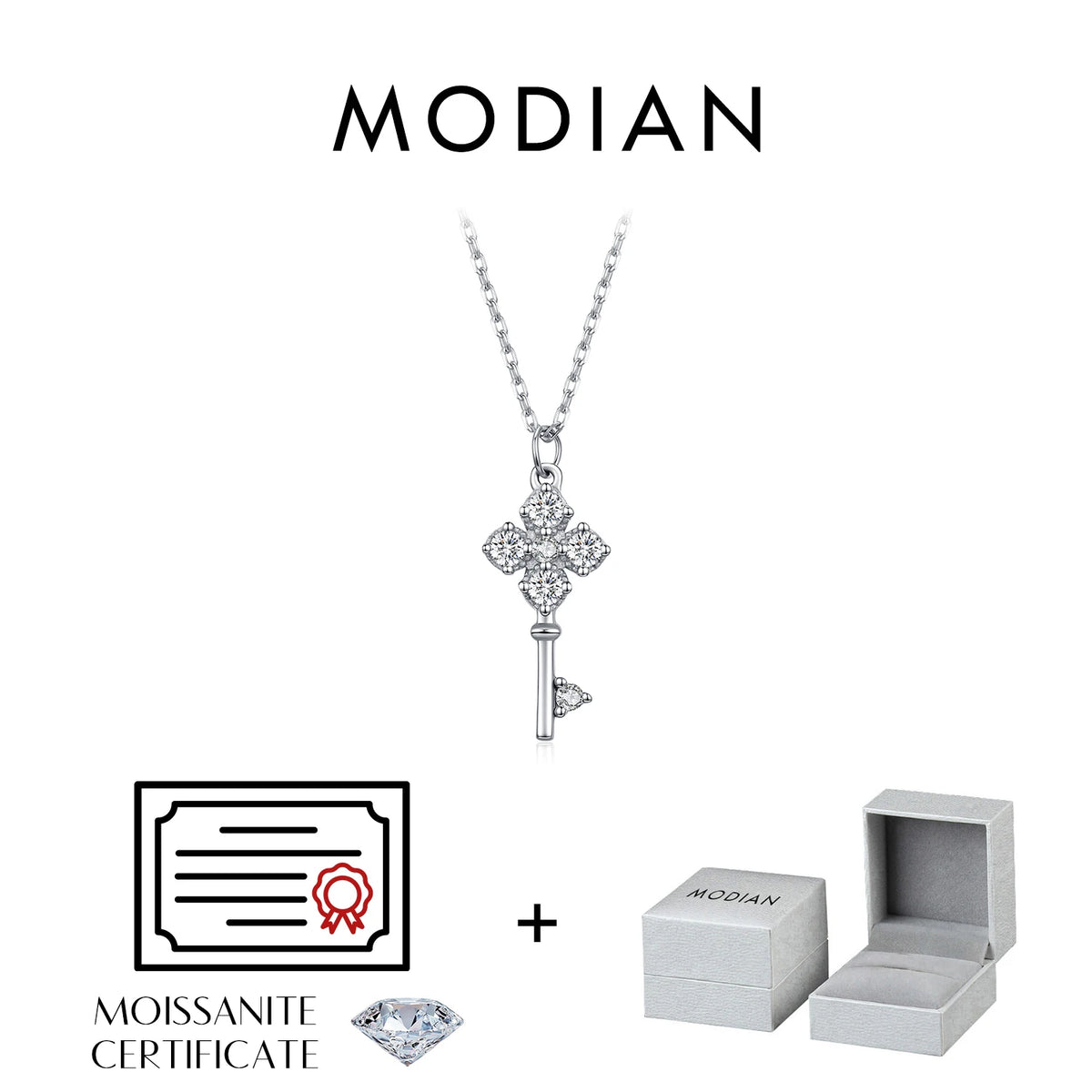 MODIAN D Color Moissanite Four Leaf Clover Key Pendant Necklace 925 Sterling Silver Lab Diamond Chain Fine Jewelry For Women
