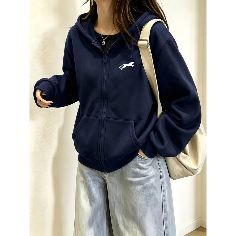 Women Apricot Running Leopard Silhouette Print Zip Up Hoodie Animal Graphic Full Zip Sweatshirt Kangaroo Pocket Casual Streetwea