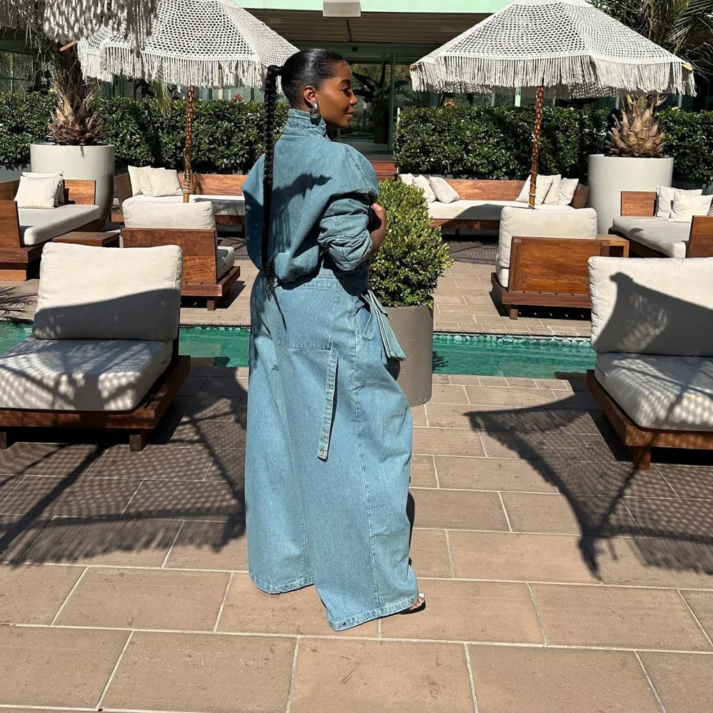 Denim Two Piece Sets Women Coat Jacket Wide Leg Pants Jeans Suits Matching Sets Trousers Outfits 2025 Y2k Streetwear Party
