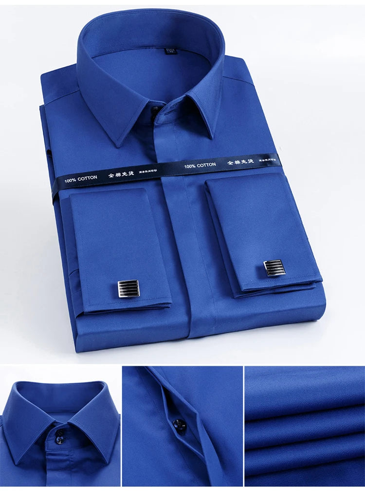 Men's 100% Cotton Iron-Free French Cuff Shirt Front Hidden Buttons Removable Collar Stays Formal Business Long Sleeve Shirts