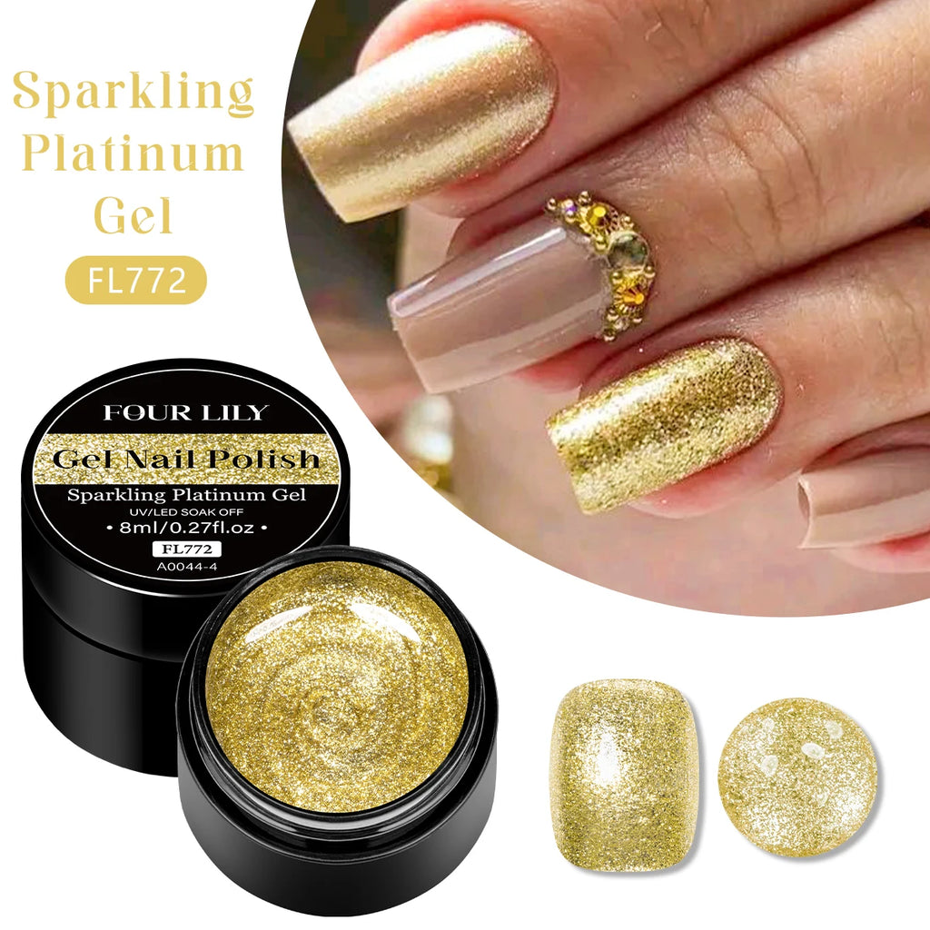 FOUR LILY 8ml Pink Glitter Sequins Gel Nail Polish Shiny Sparkling Platinum Semi Permanant Soak Off Nail Art Varnish Manicure