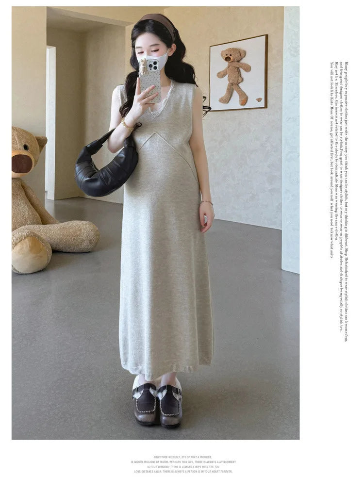 Maternity Suit  Autumn High-End Lazy Style Versatile Long Coat And Lace Paneled V Neck Straight Tank Dress Two Piece Set
