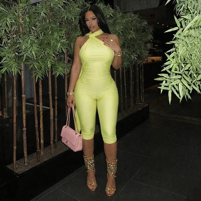 Women Fashion Overalls Playsuits Beach Vacation Clubwear Sexy Backless Ruched Halter Neck Tie Solid Slim Fit Capris Jumpsuit