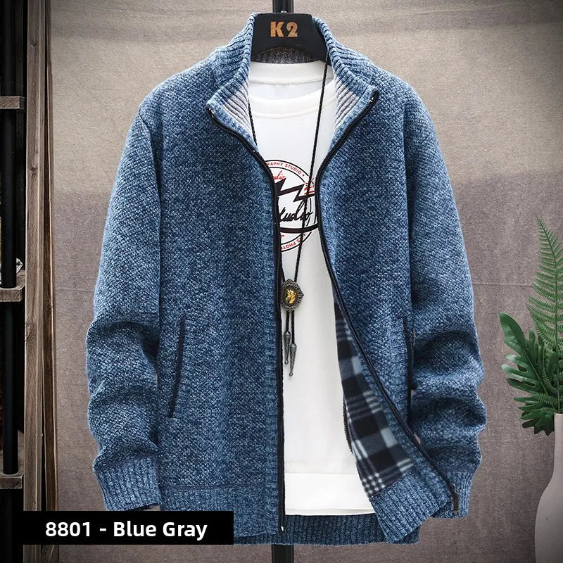 Men's Knitted Sweater Cardigan Thickened Fleece Hooded Casual Style Warm Outerwear Autumn Winter New Arrival Korean Version