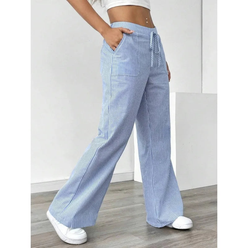 Autumn Women Striped Wide Leg Pants Casual Loose Fit Trousers Streetwear Trendy Fashion Comfortable Elastic Mid Waist Bottoms