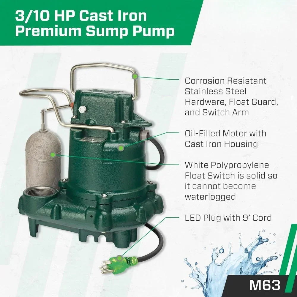 Best Selling US Local StockCast Iron M63  Automatic Submersible Sump Pump  3/10HP    LED Power Plug  High Flow  Vortex Impeller
