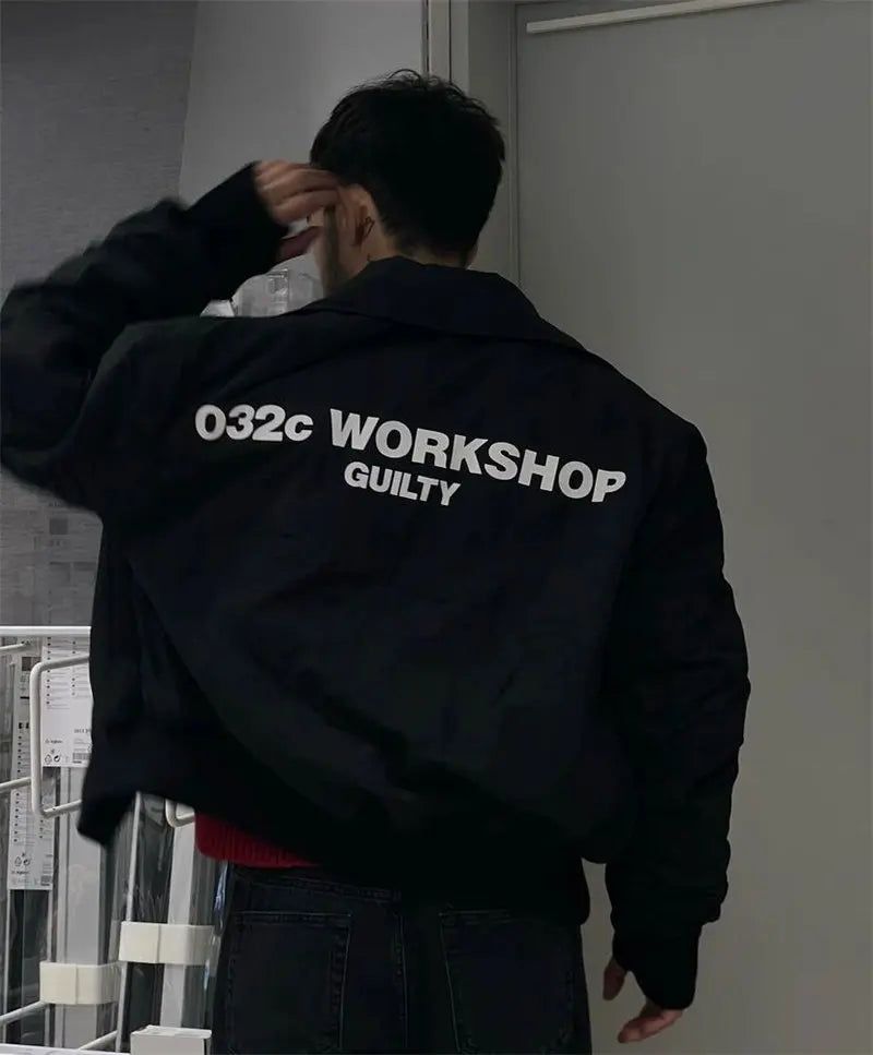 032C black silhouette short wide bomber zip multi pocket jacket