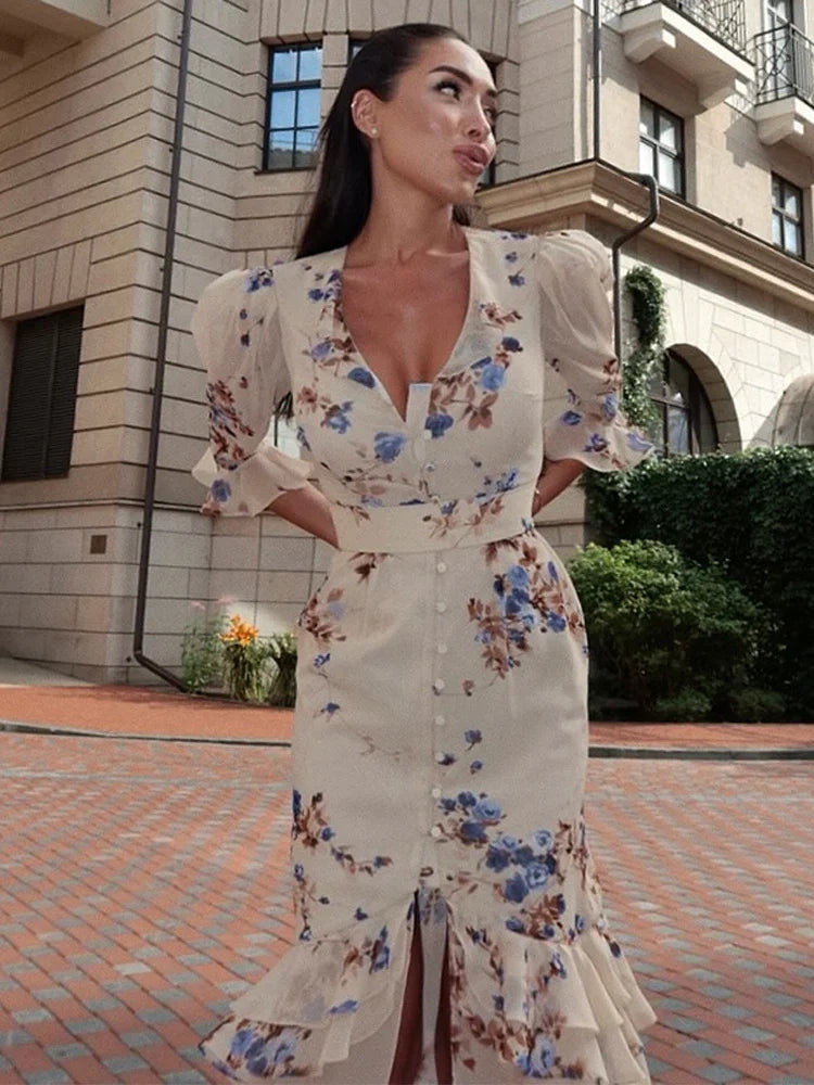 Women Floral Print Short Sleeve Maxi Dress Fashion V-neck Ruffle Trim Belted Slit Hem Dresses Casual Lady Daily Vacation Gowns