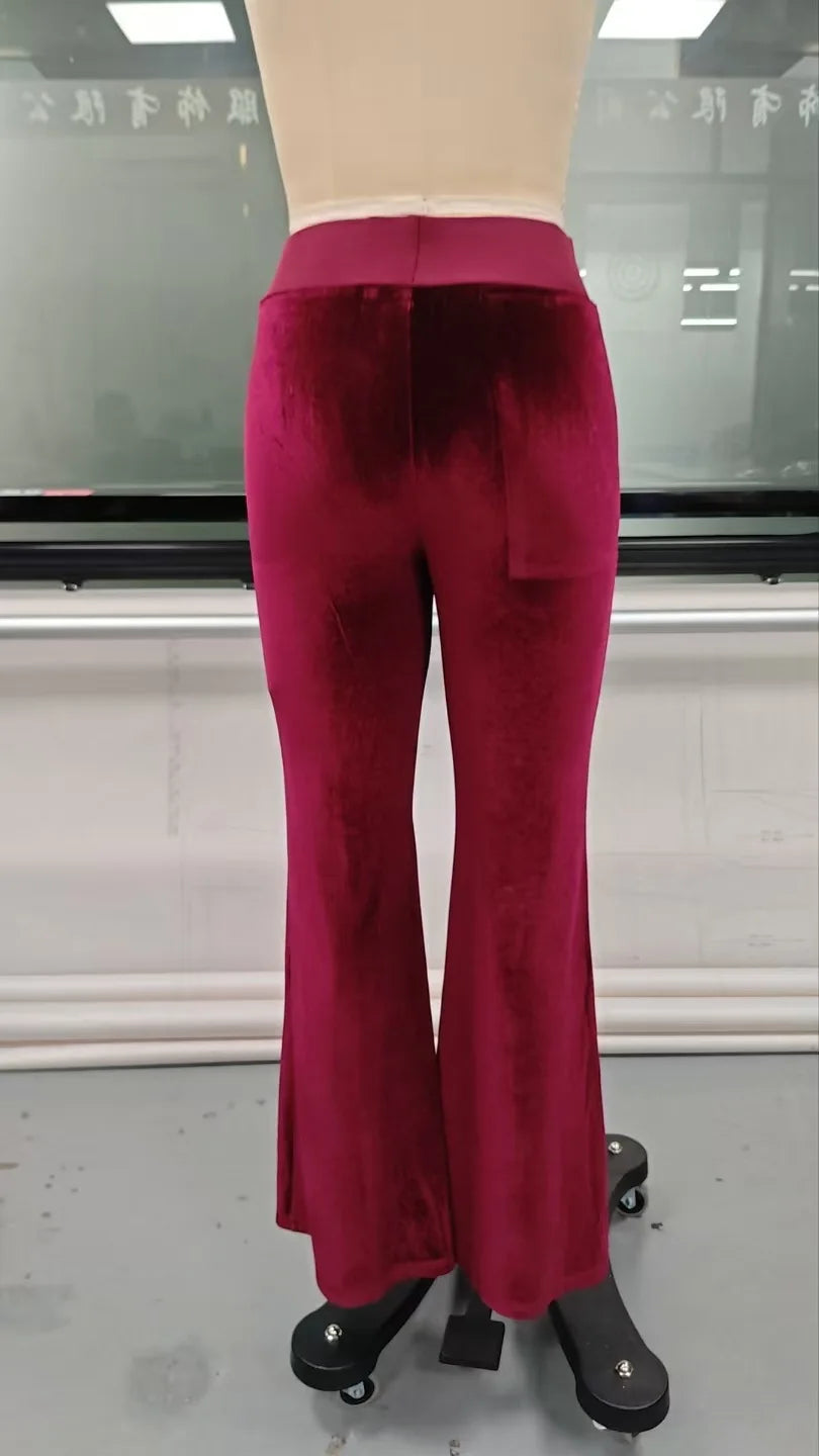 2026 Women's Velvet Trousers Fashion Velvet Solid Color High-Waisted Drawstring Pocket Flared Pant Autumn Winter Casual Pants