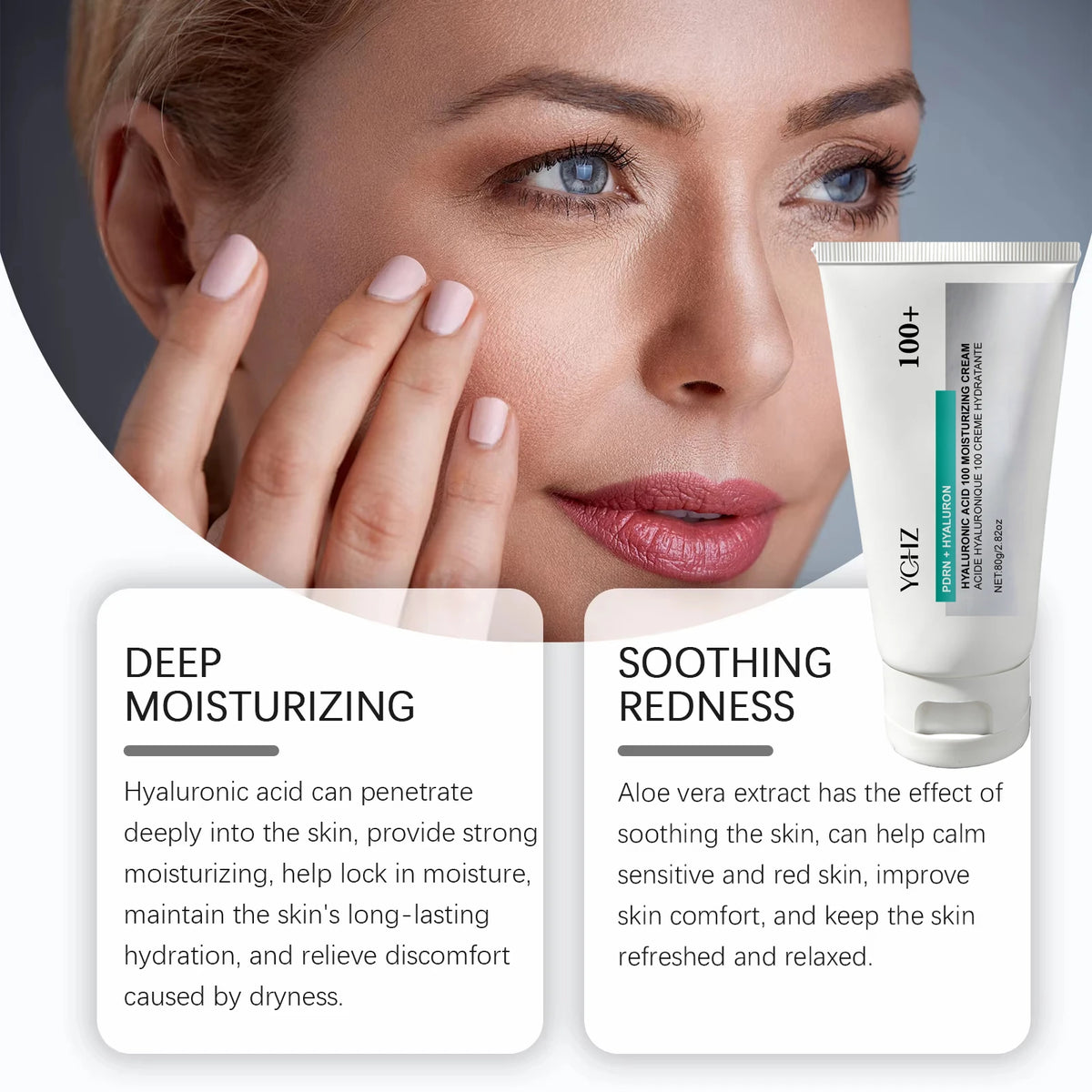 Hyaluronic Acid 100% Moisturizing Cream, Lightweight, Improves Dull Skin and Deeply Repairs Dry and Sensitive Skin, Anti-Aging Cream, Korean Skincare - 80g