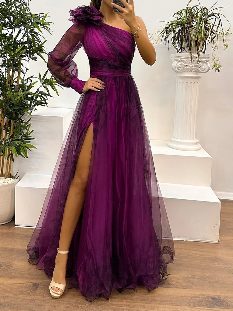 One Off Shoulder Fashion Simple Maxi Dress, Women Spring Autumn Skew Collar Chic Party Dress, Long Sleeve Patchwork Ladies Dress
