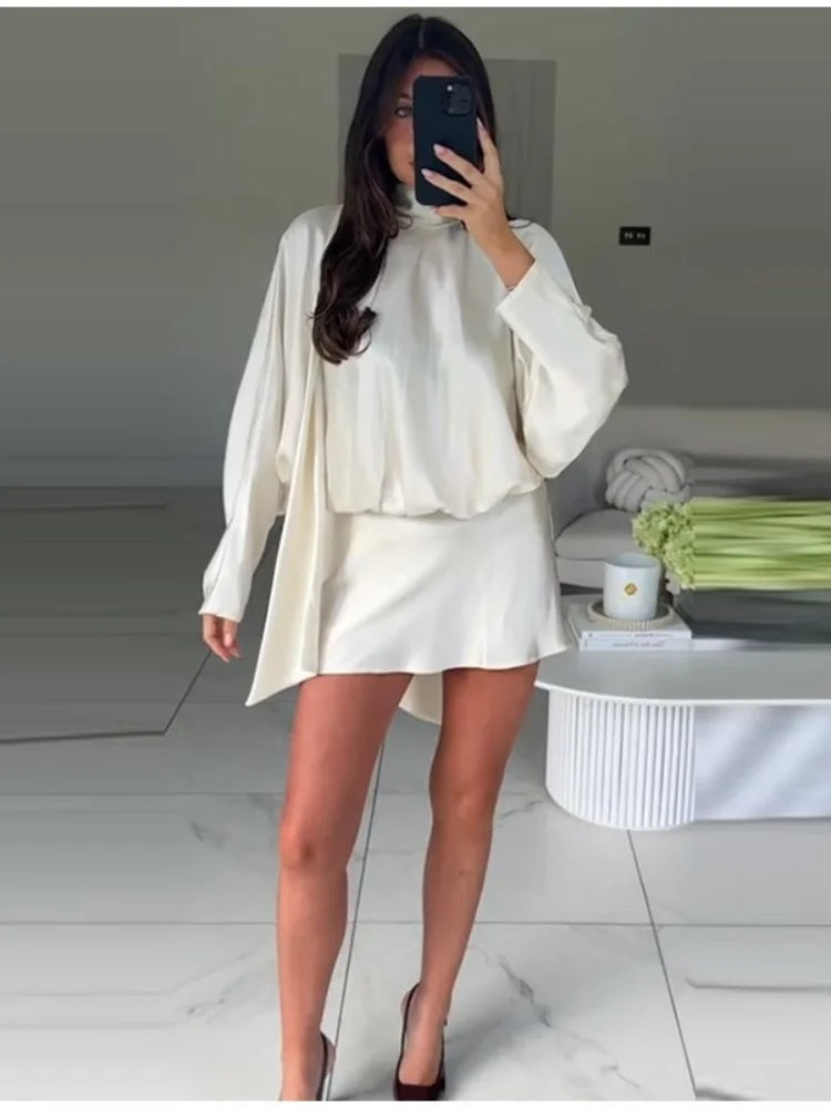 Elegant Satin Mini Dress For Women Fashion Scarf Collar Batwing Sleeve Waist Dress Lady 2025 Autumn Chic Party Evening Vestidos