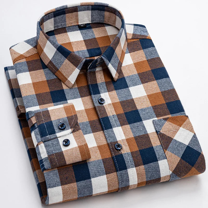 Men's Winter Chic Long Sleeve Shirt Cotton Flannel Plaid Button-Up Comfortable Warm Top for Business Casual Dress Shirts New