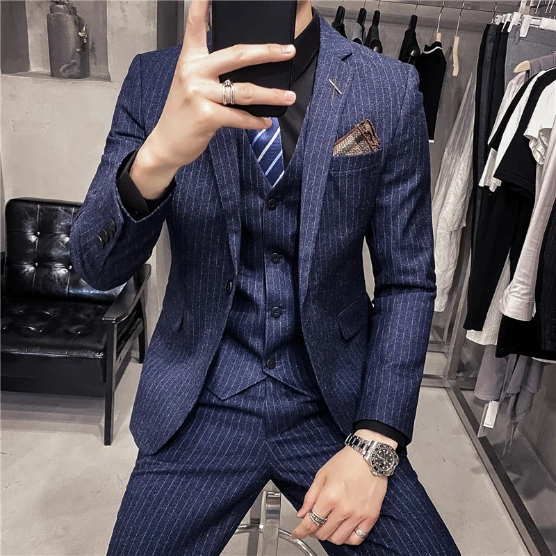 S-7XL ( Blazer + Vest + Pants ) Striped Plaid Solid Color Mens Formal Business Suit 3Pcs Set Groom Wedding Social Show Dress