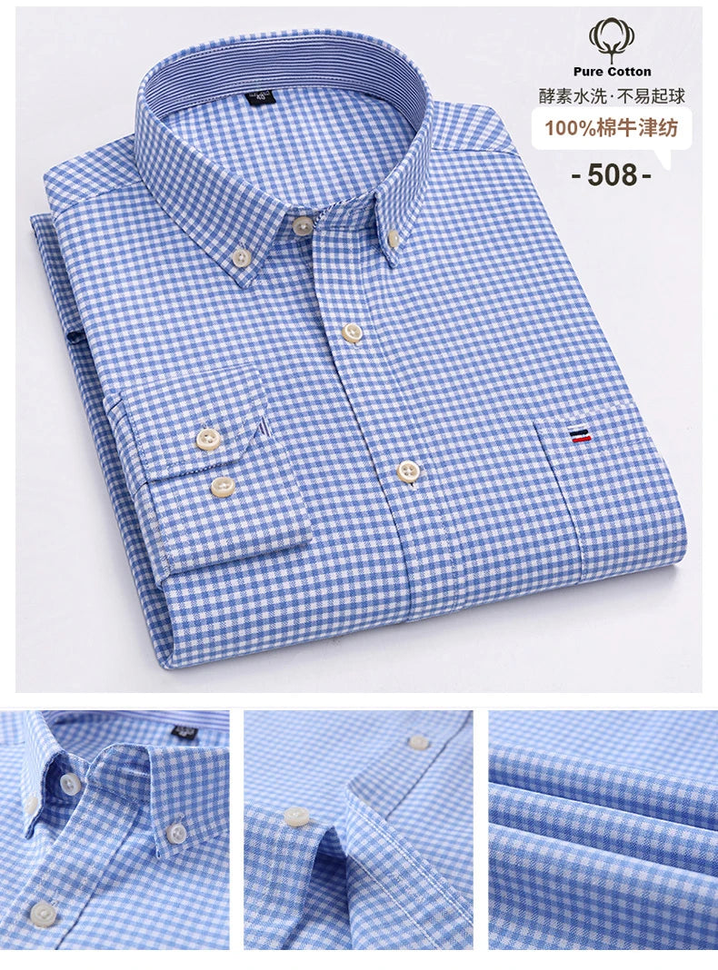 2024 Fashion Men Work Business Brand Shirt Mens Plaid Cotton Casual Dress Shirts Slim Fit Long Sleeve Button Down  Chemise Homme