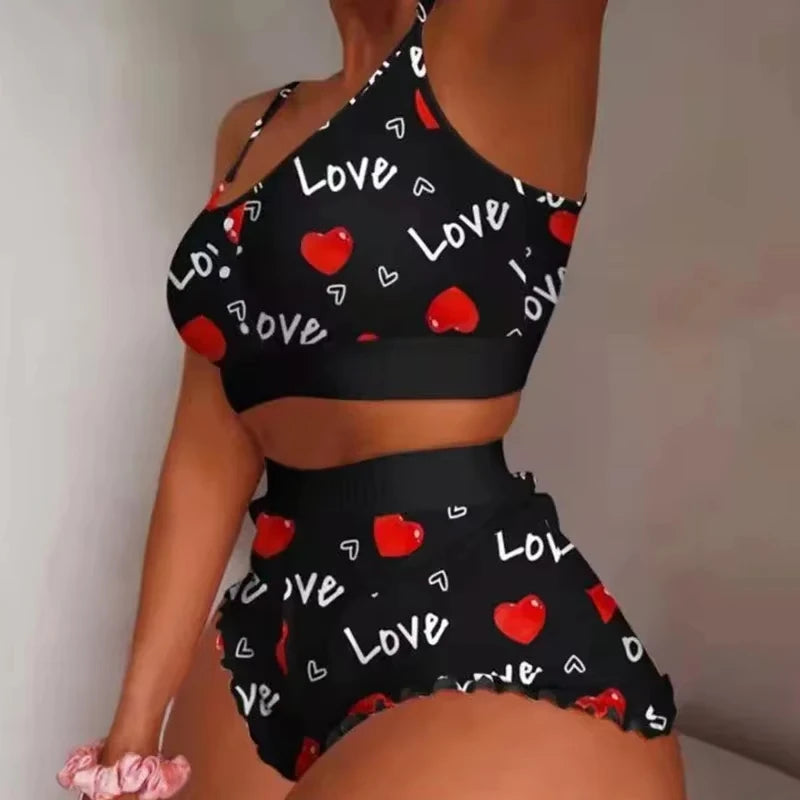 2025 New Women Sleepwear Lips Butterfly Print Home Suspended Pajamas Set Vest Bra Top Short Nightwear Lingerie Women's Nightgown