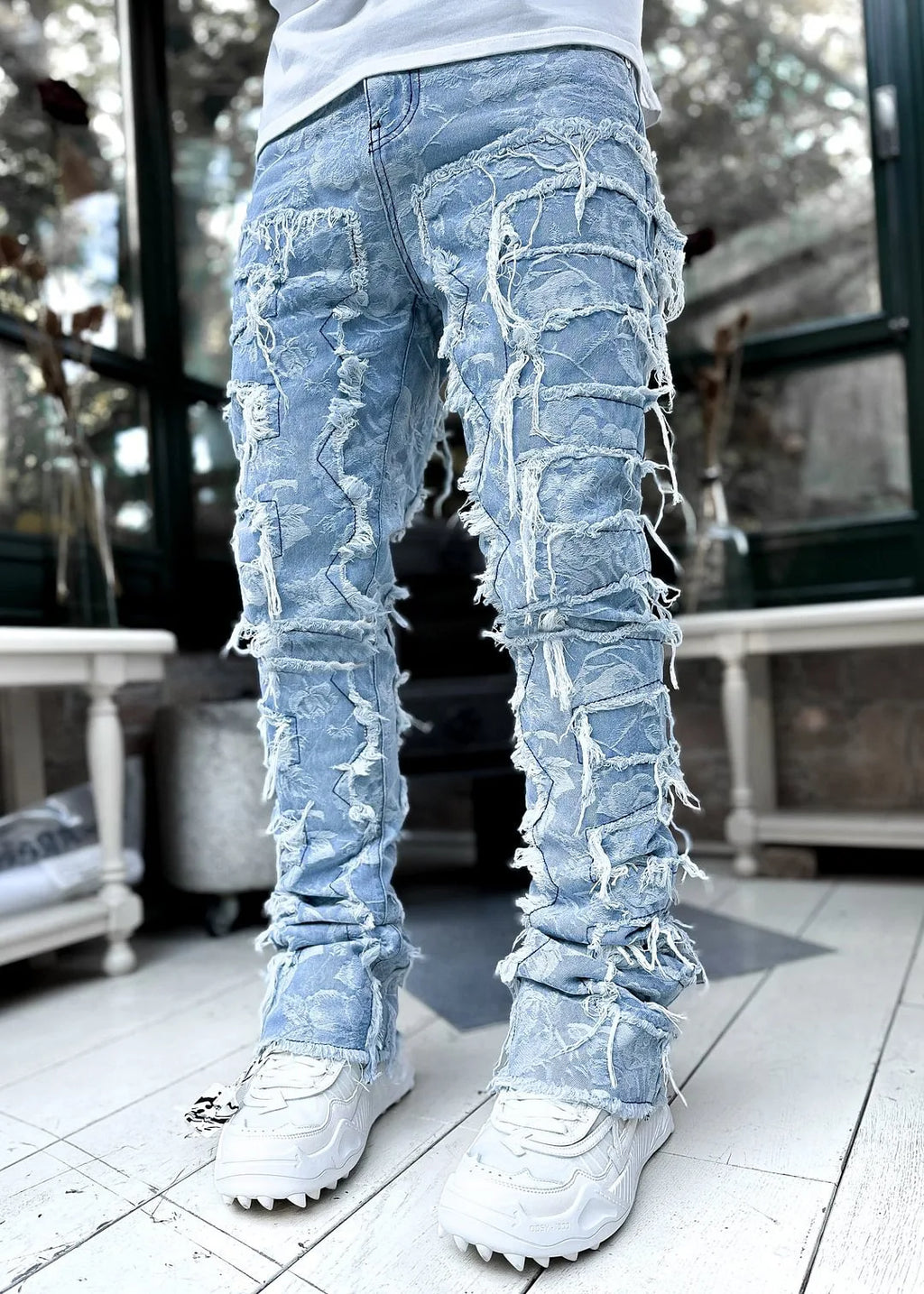 2026 New Men's Denim Straight-Leg Pants, European and American Street Fashion Ins Stretch Patch Denim Straight-Leg Pants