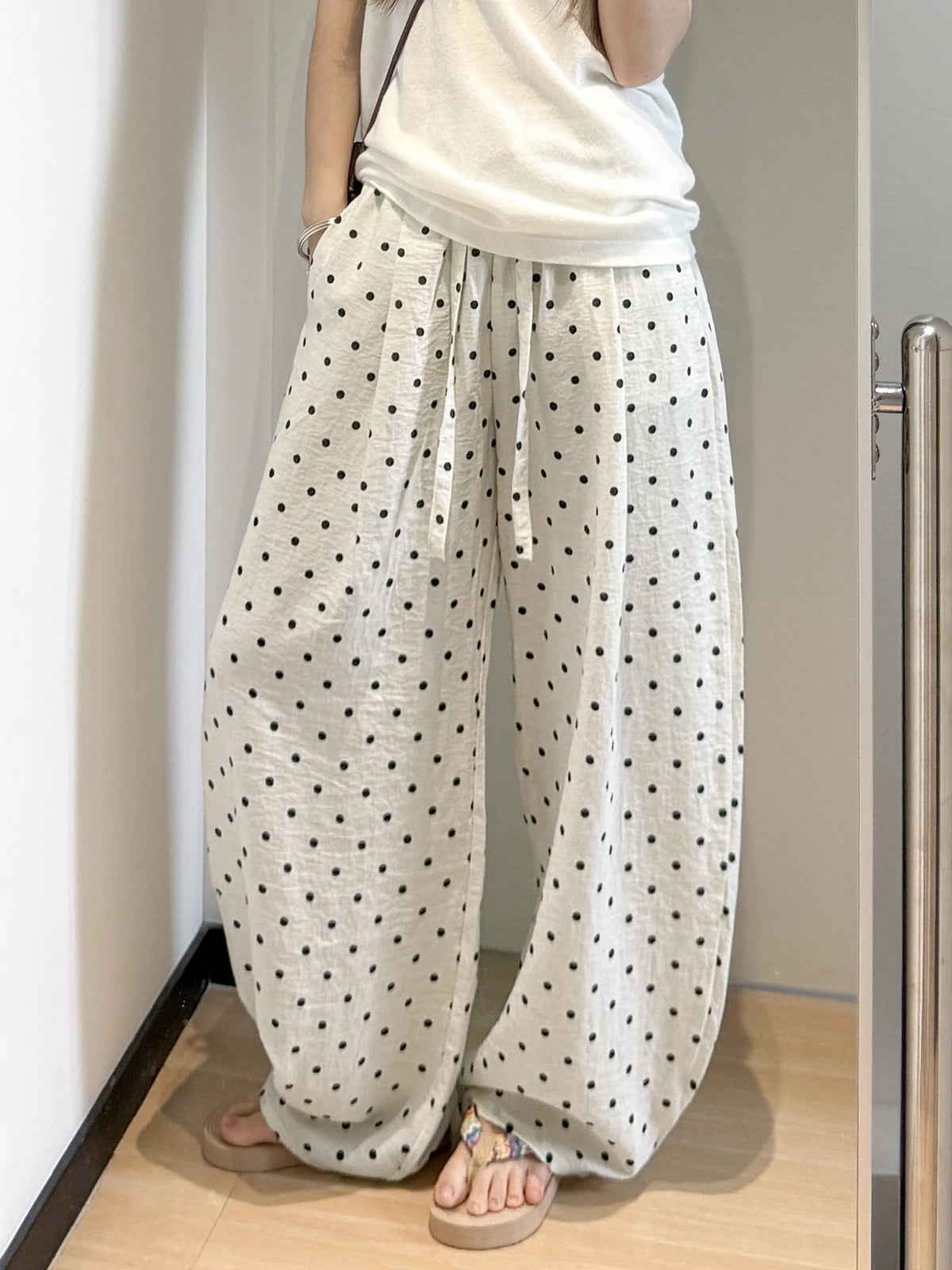 Linen Polka Dot Wide-Leg Pants for Women's Summer, Thin High-Waisted Loose and Laid-Back Style Yamamoto Pants, Casual Straight-L