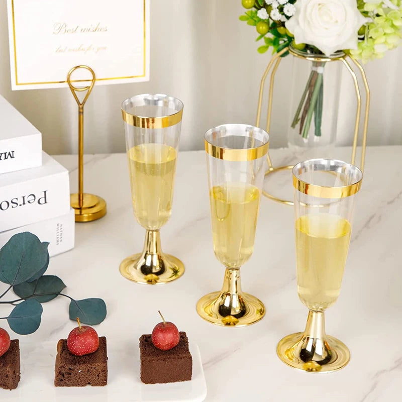 6/12/24/36pcs 5OZ Gold Champagne Flutes Disposable Plastic Champagne Glasses Wedding Party Cocktail Cups Celebration Supplies