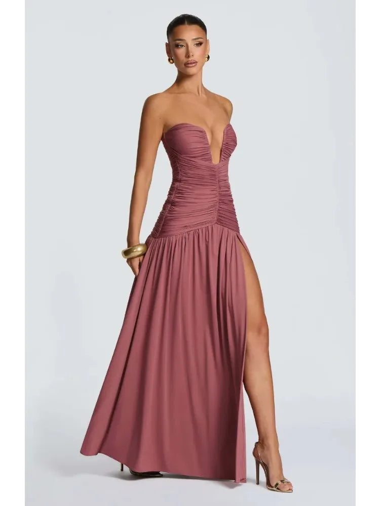 Women 2026 Deep‑V‑Neck Pleated Ruched Strapless Off‑Shoulder Maxi Dress Backless High Slit Elegant Evening Party Gown